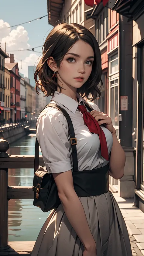 One girl,前hair,black_hair,green_null,bridge,building,city,city,cityscape,cloud,Day,dress,Looking_in_Audience,Outdoor,red_Neckwear,red_ribbon,ribbon,river,short_hair,short_sleeve,null,nullscraper,一人in,Are standing,town,winer,(masterpiece,anime,newest,new,Ex...