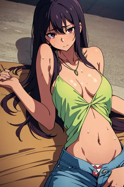 tan skinned anime woman wearing a cami top and jeans, famished in hunger, (necklace), (gently resting hands on stomach), (sweating), (lying down), (long hair), (hands on stomach)