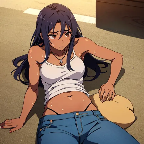 tan skinned anime woman wearing a cami top and jeans, famished in hunger, (necklace), (gently resting hands on stomach), (sweating), (lying down), (long hair), (hands on stomach)