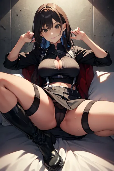 1girl, happy, sexy pause,(with sparkling eyes and a contagious smile:0.9),Brown hair,watching at viewers,black suspenders,Bulging big,breasts,walls: Black miniskirt,garters,Gaze,Small face,bangss,holster,Beautuful Women,hands up,leg holster,Gaze,black boot...