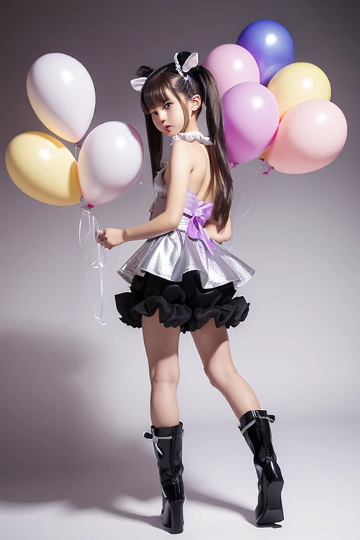 (holding balloons), (((full body))), real photo, 11 years old girl, Brat female , (((drawers))), ((looking back at me)), twin tails, big ribbon,  silver boots,