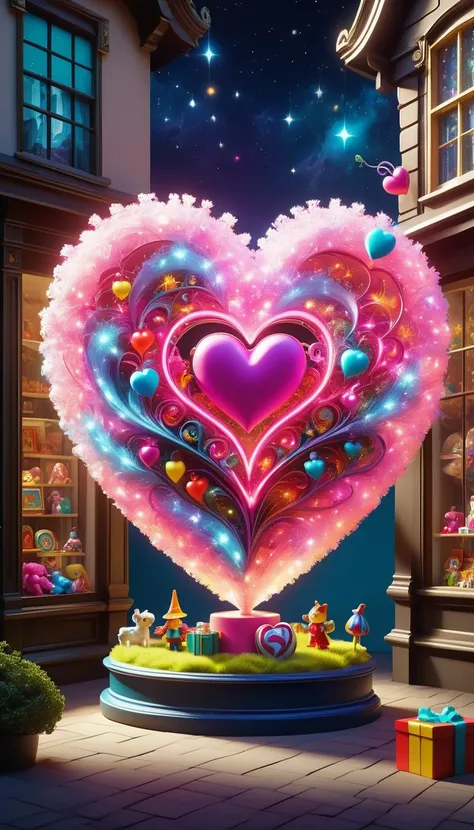 Topic Tips "A detailed masterpiece of a Magic Toy Store Display" possible:

"(best quality,4K,8k,high resolution,masterpiece:1.2), Dynamic, Vibrant, Big pink heart, (Toy store window display:1.5), Magic Toy Store Display, Exquisite design, Beautiful decora...