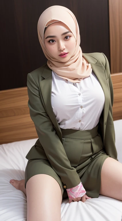 Beautiful fair skin matured indonesia girl in hijab sleep in bed, at manager boss room, innocent horny sexy face, 30 years old, horny pose, ultra detail face, detail skin texture and wrinkle, night time with light, wearing hijab, khaki color hijab, nude, m...