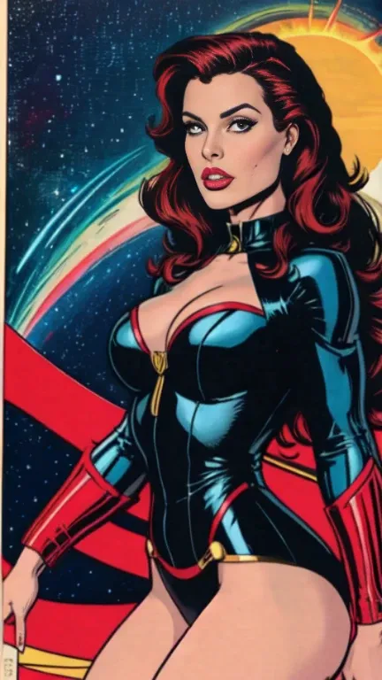 masterpiece,very sharp image,extremely beautiful woman space retro futurism, beautiful face,hi-tech armour over colorful catsuit, long curly hair,in deep space, with several planets and suns in the background Excellent sense,medium breasts,cleavage,America...