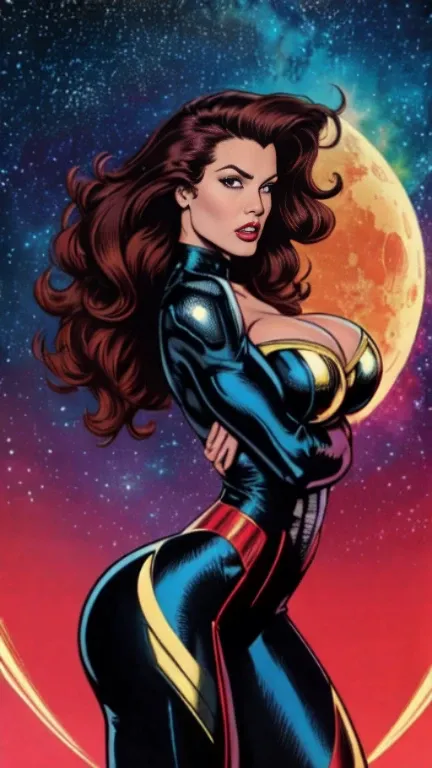 masterpiece,very sharp image,extremely beautiful woman space retro futurism, beautiful face,hi-tech armour over colorful catsuit, long curly hair,in deep space, with several planets and suns in the background Excellent sense,medium breasts,cleavage,America...