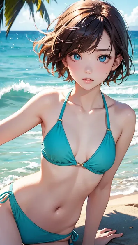 highest quality、Realistic、Women、Japanese、zoom、look up、cute、Ocean、The wind is blowing、Turquoise eyes、Chestnut Hair、Short Hair、Swimwear、Face close-up、slender、Small breasts