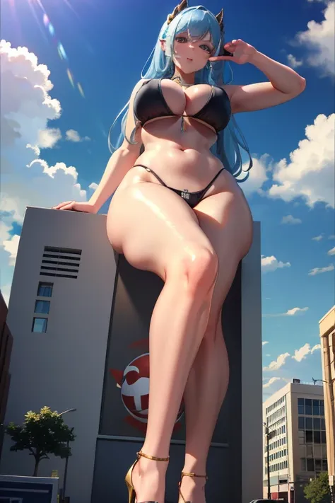 ((5000 foot tall girlfriend)) masterpiece, high definition, massive legs towering over you, human goddess, tight bikini, beautiful eyes, massive underboob, curvy thighs, slim waist, tall, massive girl growing 