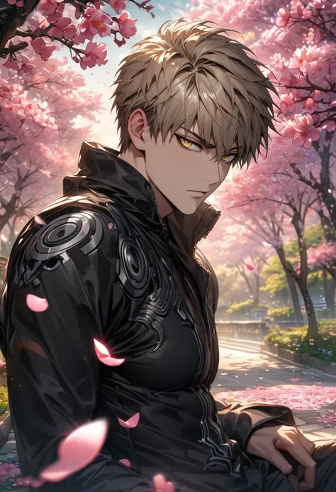 absurdres, highres, ultra detailed, HDR, master piece, best quality, extremely detailed face and eyes, Genos, ash-blond hair, expressive yellow eyes, One Punch Man, solo, sexy man, handsome, black coat, black pants, spring, trees, blossoms, pink petals, pi...