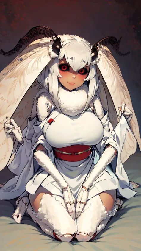 moth Neck hair hairy antenna insect four hands white fur four big breasts Breast expansion red eye white wings insect girl dark skin kimono full-body shot