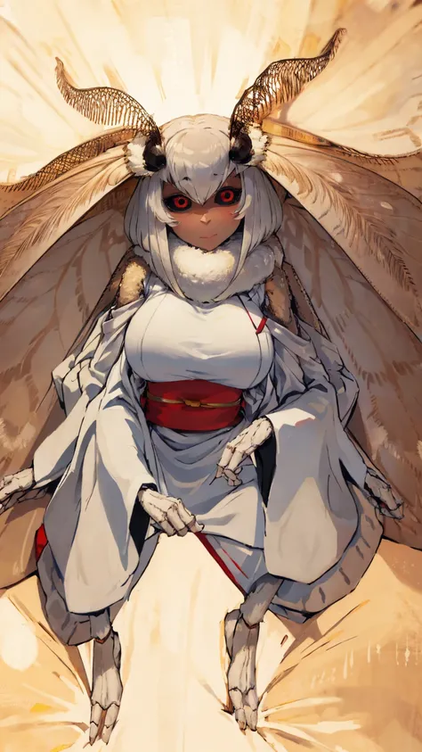 moth Neck hair hairy antenna insect four hands white fur four big breasts Breast expansion red eye white wings insect girl dark skin kimono full-body shot