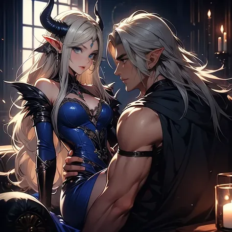 female adult elf with darkblonde hair, and a male elf dark blue long hair and demon horns male with dark blue hair and demon horns having sex, sex, dominant male