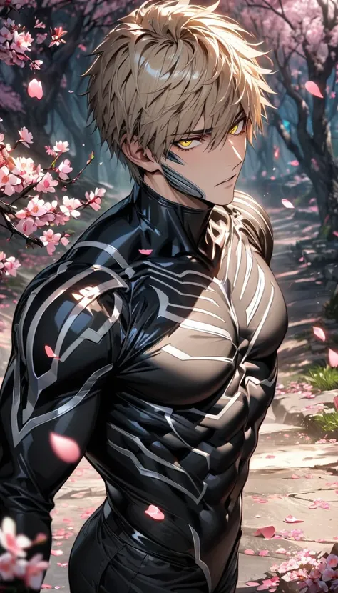 absurdres, highres, ultra detailed, HDR, master piece, best quality, extremely detailed face and eyes, Genos, ash-blond hair, expressive yellow eyes, One Punch Man, solo, sexy man, handsome, black coat, black pants, spring, trees, blossoms, pink petals, pi...