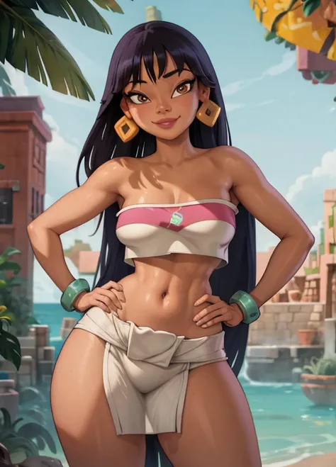 highres,masterpiece,1girl, chel_eldorado cowboy shot, hand on hip, smile, midriff, tube top