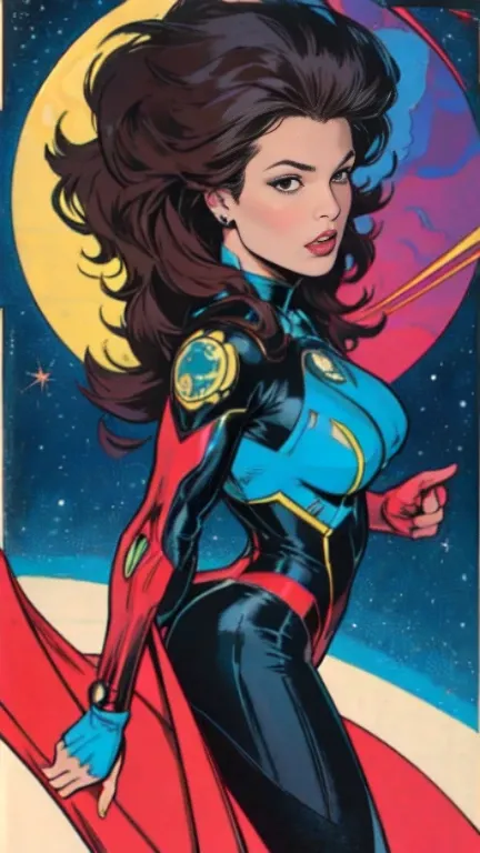 masterpiece,very sharp image,extremely beautiful woman space retro futurism, beautiful face,hi-tech armour over colorful catsuit, long curly hair,in deep space, with several planets and suns in the background Excellent sense,medium breasts,cleavage,America...