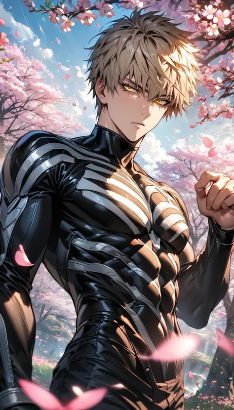 absurdres, highres, ultra detailed, HDR, master piece, best quality, extremely detailed face and eyes, Genos, ash-blond hair, expressive yellow eyes, One Punch Man, solo, sexy man, handsome, black pants, spring, trees, blossoms, pink petals, pink butterfli...