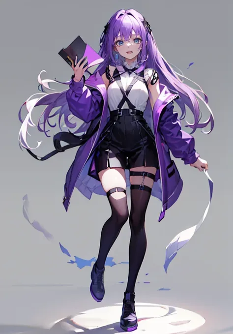 ((perfect face)), purple hair,long hair,girl,1 person,,harness,,simple background,smile,full body,((full body)),character portra...