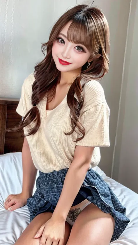 brown hair、short bob, masterpiece, best quality, photo, japanese 20 years old high school girl, micro mini pleated skirt, shirt unbuttoned and open, nipples visible, not wearing bra, not wearing panties, lying on bed, viewer can see female genitalia and ni...