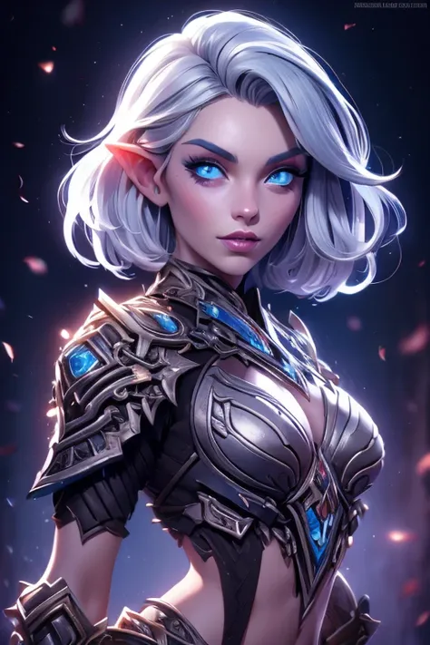 beautiful portait of dark elf female in her 20s with fit body , perfect face feature , (blunt bob short hair), (silver hair colo...