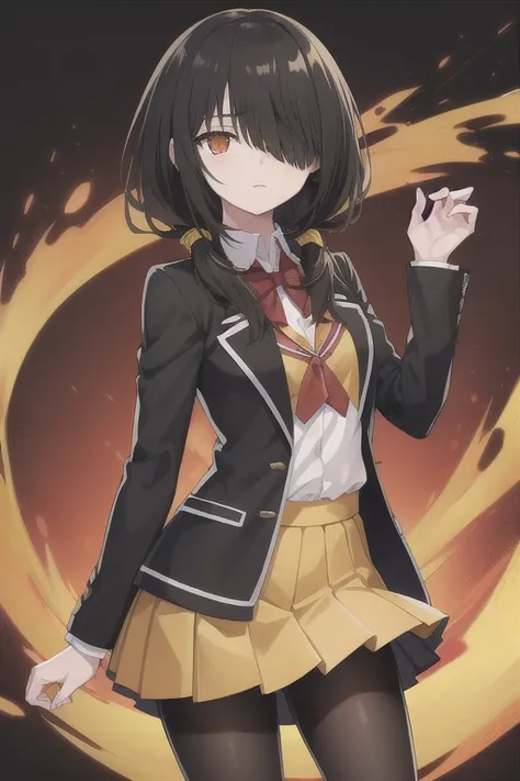 tokisaki kurumi, black hair, twintails, (hair over one eye:1.5), (red eyes:1.2), (yellow eyes:1.5), heterochromia, (small breast:1.2),
, jacket, pantyhose, pleated skirt, black pantyhose,