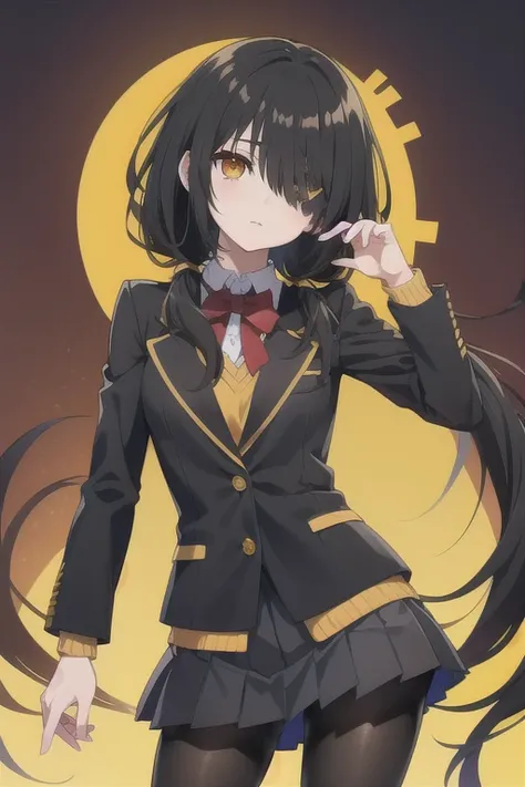 tokisaki kurumi, black hair, twintails, (hair over one eye:1.5), (red eyes:1.2), (yellow eyes:1.5), heterochromia, (small breast:1.2),
, jacket, pantyhose, pleated skirt, black pantyhose,