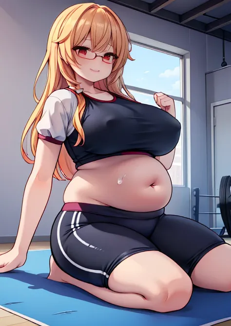 (masterpiece, best quality, highly detailed), 1girls, big belly, huge belly, art by kipteitei, round belly, chubby, curvy, belly grab, enormous belly, fat belly, thicc, bigger belly, really big belly, jiggly belly, glasses, (((((extremely thight gym clothe...