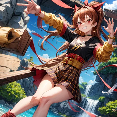 Brown, red, gold, golden hair、Red eyes、One good looking girl、solo、anime、Checkered mini skirt、Black camisole、Black T-shirt、hoodie、Wearing a ribbon、Ribbon on waist、Crystal Earrings、treasure石のネックレス、Light and shadow、Tilting face、Teeth are visible、waterfall、Kur...