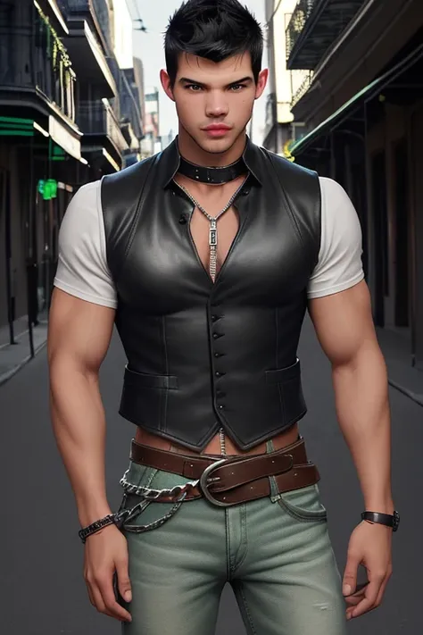 Taylor Lautner 25 year old boy without freckles black hair dark military cut black vest Steampunk white shirt green eyes red shirt wolf print complexion muscular athletic slim blue jeans with chains black leather belt silver buckle background of New Orlean...