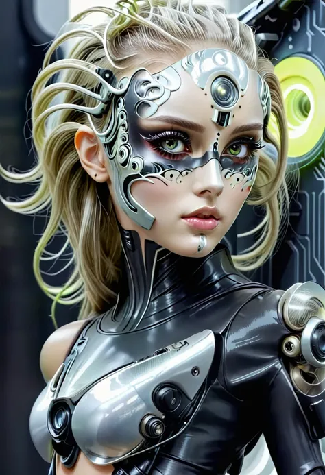 Bio mechanical cyborg girl, full body view, thin curved eyebrows, long luscious eyelashes, black eyeliner, black eye shadow, perfect makeup, long luscious wavy hair,