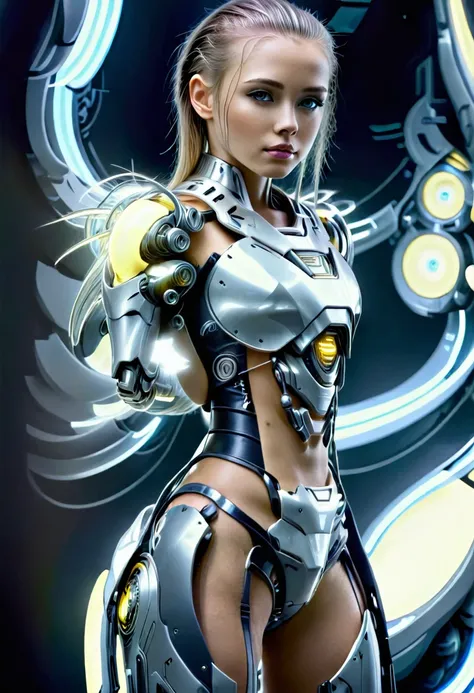 Bio mechanical cyborg girl, full body view, 