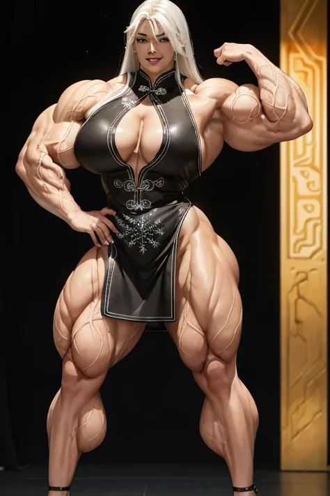 ((((Massive tall, beautiful, buff, brown skinned muscular woman with white hair, black lipstick, ginormous muscles, wearing a beautiful black leather Cheongsam dress adorned with intricate snowflake designs)))), close view, massive muscle, massive biceps, ...