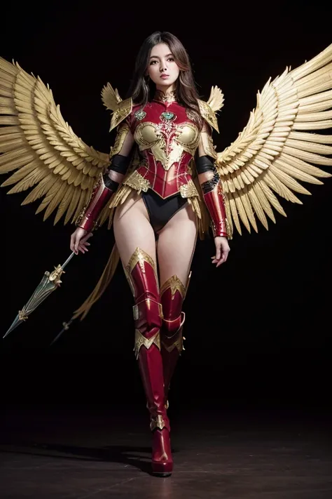 Best quality, 8K,woman, beautiful and detailed face, straight long hair,big eyelashes,(((dark red and gold embroided space armour))),((big open angel´s WHITE wings)),armlets,black belt,high heels over the knee boots,white neutral scenario,DYNAMIC ANGLE, ((...