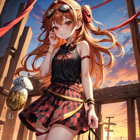 Brown, red, gold, golden hair、Red eyes、One good looking girl、solo、anime、Checkered mini skirt、Black camisole、Black T-shirt、hoodie、Wearing a ribbon、Ribbon on waist、Crystal Earrings、treasure石のネックレス、Light and shadow、Tilting face、Teeth are visible、waterfall、Kur...