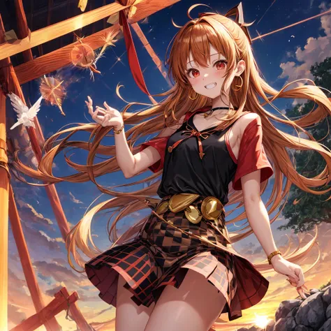 Brown, red, gold, golden hair、Red eyes、One good looking girl、solo、anime、Checkered mini skirt、Black camisole、Black T-shirt、hoodie、Wearing a ribbon、Ribbon on waist、Crystal Earrings、treasure石のネックレス、Light and shadow、Tilting face、Teeth are visible、waterfall、Kur...