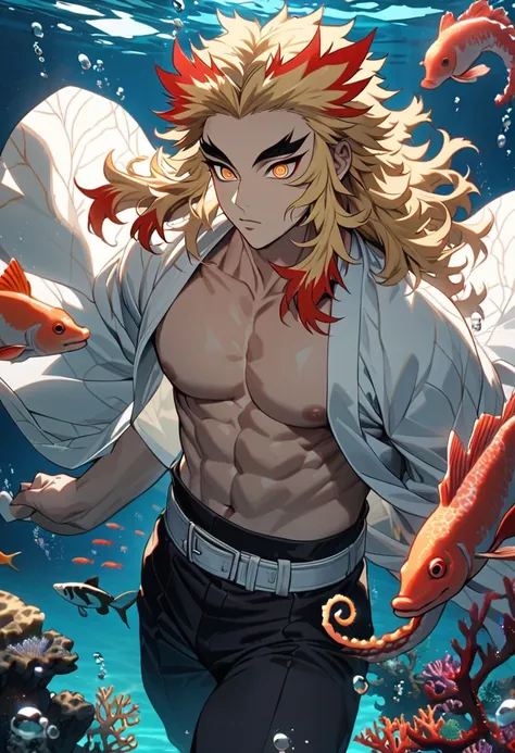 Ultra detailed, Highres, absurdres, Rengoku Kyojuro, blond hair with red strikes, golden eyes, white haori, Kimetsu No Yaiba, underwater, bubbles, fish, extremely handsome, sexy man, toned chest, solo, very detailed eyes and face, black pants, coral, seaho...