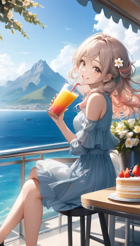 (from side:1.5),(masterpiece:1.2), (best quality),(ultra detailed),(extremely detailed),(absolutely resolution) ,absurdres,8k, 1girl-drinking-fruits-juice, cafeteria-outdoor,sitting, grin, cake, beautiful-landscape-background, mountain, blue-coral-sea, flo...