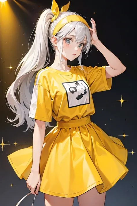 She is a thin dark gray with white hair and a light gray dorsal fin, who wears a mustard-yellow outfit consisting of a T-shirt, skirt, and matching headband. SPARKLE; GLITTER