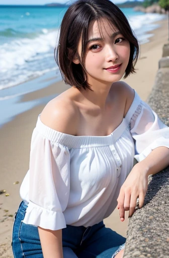 Captured by a professional photographer, high quality, Realistic, Best image quality:1.3, RAW Photos, Amateur models, Accurate skeleton, Attention to detail, 30 years old, Japanese women,Beach, (White blouse:1.2, hot pants:1.2),Off the shoulder, barefoot, ...