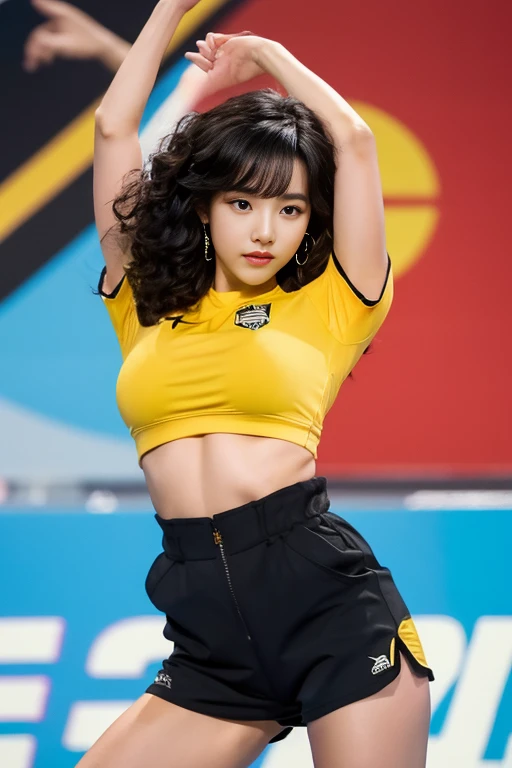 best quality，masterpiece，HD，High resolution，a korean beauty，Korean idol，Black slightly curly long hair，Neat hairstyle，Sexy black tight shorts，Sexy black top，Sexy dancing，Korean makeup，Small waist，twerking