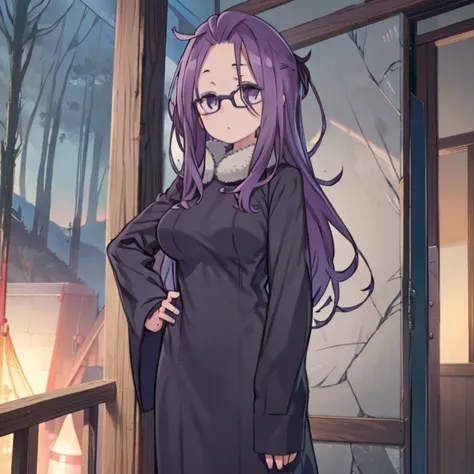 masterpiece, highest quality、medium wide shot、1　mature woman、(kagamihara sakura)、purple hair、long hair、glasses、the forehead is v...