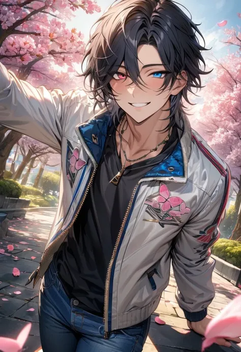 absurdres, highres, ultra detailed, HDR, master piece, best quality, Yamada Jiro, neck-length black hair with curtain bangs, Hypnosis Mic, heterochromia, right eye is golden, left eye is green, black shirt with zipper, blue and white bomber jacket, blue je...