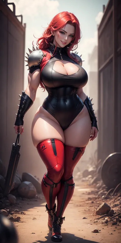 full body standing good face, nice ass, red spiky hair, beautiful woman, wide hips, cleavage, jumpsuit, leotard, heavy boots, apocalypse, muscular, thighs, mature woman, abs, looks at the viewer, lustful smirking smile face red blushed red cheeks
