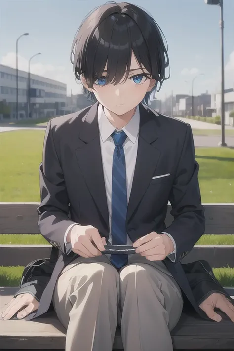 1boy, school, outdoors, sitting on bench on roof, bangs, (hairstyle: straight), black hair, middle hair,  (blue eyes:1.2), (hair over left eye:1.5), yellow eyes, heterochromia, long sleeves, school unform, black jacket with school logo, shirt, blue necktie...