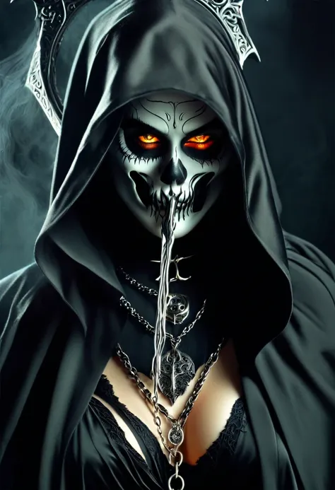 Sexy seductive death, dead face, skull face, hood,    lage eyes, makeup, thick curved lips, sexy grim reaper robe, seductive pose