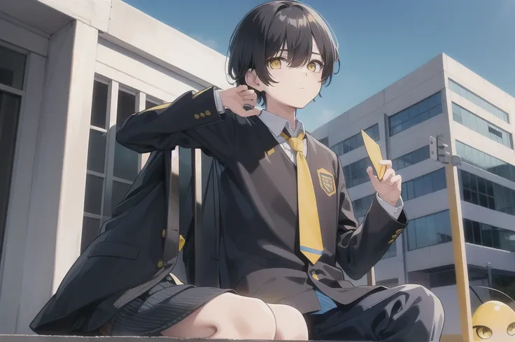 1boy, school, outdoors, sitting on bench on roof, bangs, (hairstyle: straight), black hair, middle hair,  (blue eyes:1.2), (hair over left eye:1.5), (yellow eyes:1.5), heterochromia, long sleeves, school unform, black jacket with school logo, shirt, blue n...