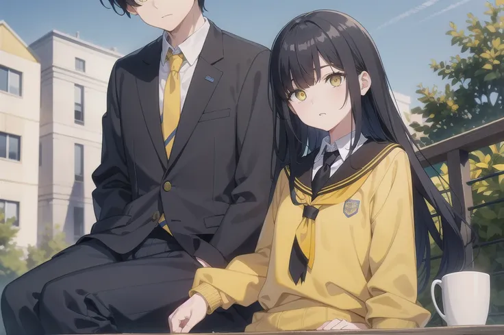 1boy, school, outdoors, sitting on bench on roof, bangs, (hairstyle: straight), black hair, middle hair,  (blue eyes:1.2), (hair over left eye:1.5), (yellow eyes:1.5), heterochromia, long sleeves, school unform, black jacket with school logo, shirt, blue n...