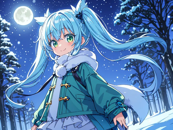 that&#39;it&#39;s snowing((Some photos)).In the cold, windy winter forest　that&#39;it&#39;s snowing　Beautiful girl with long light blue hair　Twin tails　Adorable smile　Warm yellow and green down coat　A big owl is watching over the girl　Beautiful Moonlit Nig...