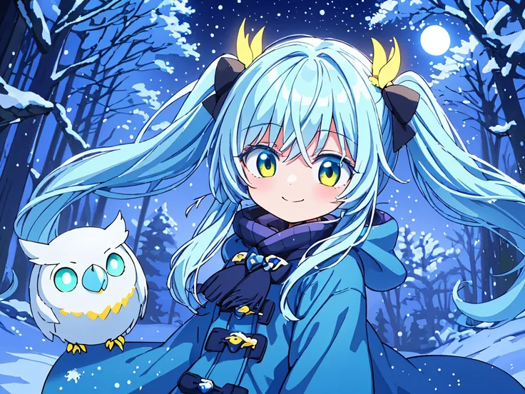 that&#39;it&#39;s snowing((Some photos)).In the cold, windy winter forest　that&#39;it&#39;s snowing　Beautiful girl with long light blue hair　Twin tails　Adorable smile　Warm yellow and green down coat　A big owl is watching over the girl　Beautiful Moonlit Nig...