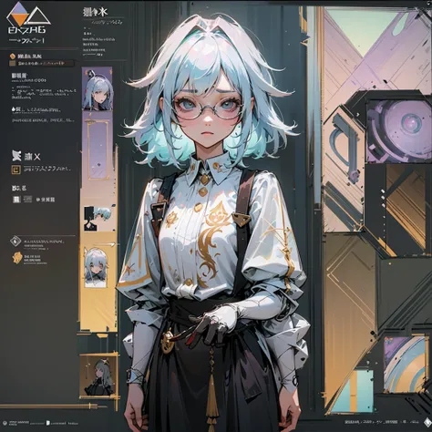 A character sheet, a sketch of a DND character, a vector semi realistic style with clear prism lines, an inventor girl with big glasses and robotic hands, her hair is a mess, stunning detail, a complex design of many contrasting elements, grotesque, lamina...