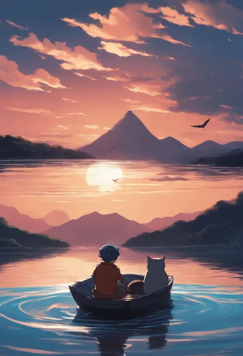 Anime boy riding cat across water, ghibli style