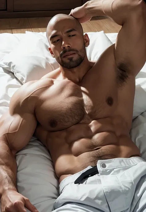 Shirtless and wearing white pants、A 35-year-old Japanese, bare-chested, skinny physique athlete with a shaved head, mustache and black belt is lying on the floor of a dimly lit dojo, unconscious with his eyes open ,Side view,Sweating profusely,Open your mo...